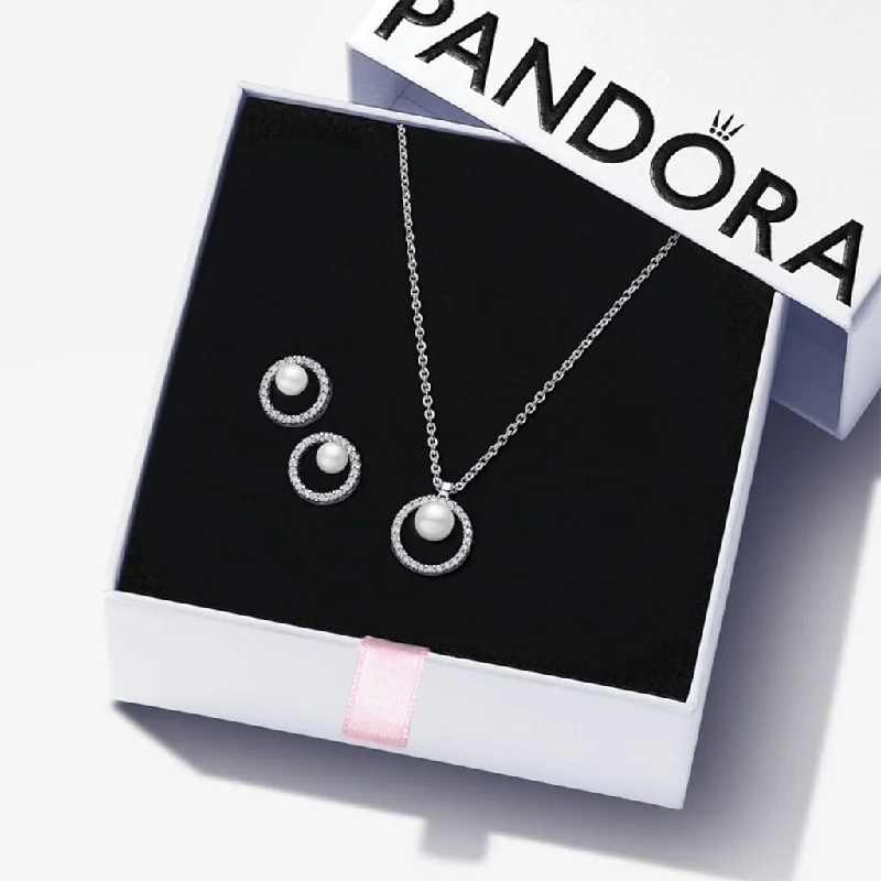 PANDORA : Pearl & Halo Jewelry Set - Sterling Silver