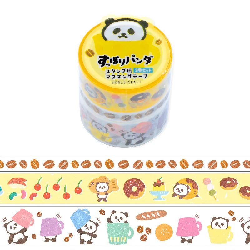 Cute Kawaii World Craft Washi / Masking Deco Tape - Set of 3 tapes Panda Sweet Fun Food Coffee - for Scrapbooking Journal Planner Craft