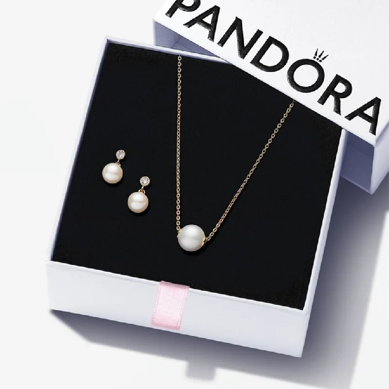 PANDORA : Gold Plated Pearl Jewelry Set