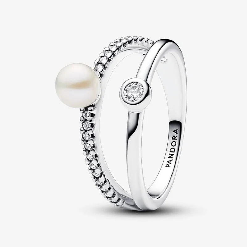 PANDORA : Treated Freshwater Cultured Pearl & Pavé Double Band Ring - Sterling Silver