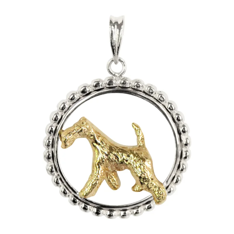 Airedale Terrier in 14K Gold with Sterling Silver Beaded Circle Pendant