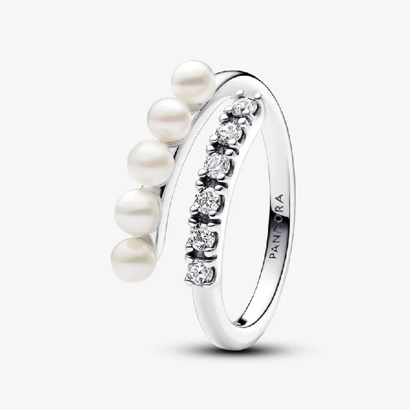 PANDORA : Treated Freshwater Cultured Pearls & Pavé Open Ring - Sterling Silver