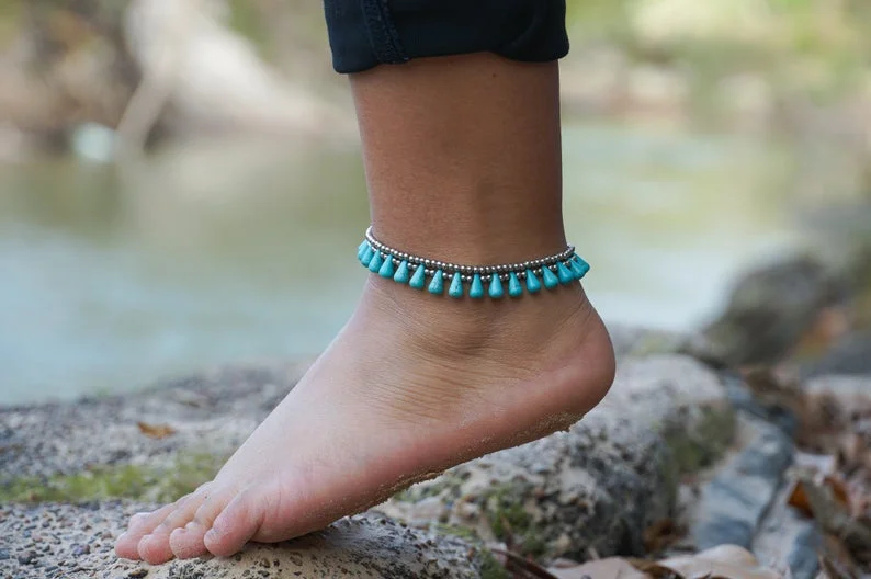 Turquoise Teardrop Bead Boho Silver Anklet